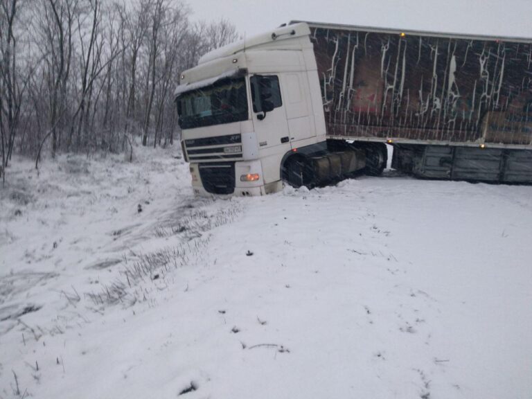 В Запорожской области на заснеженной трассе грузовик унесло в кювет