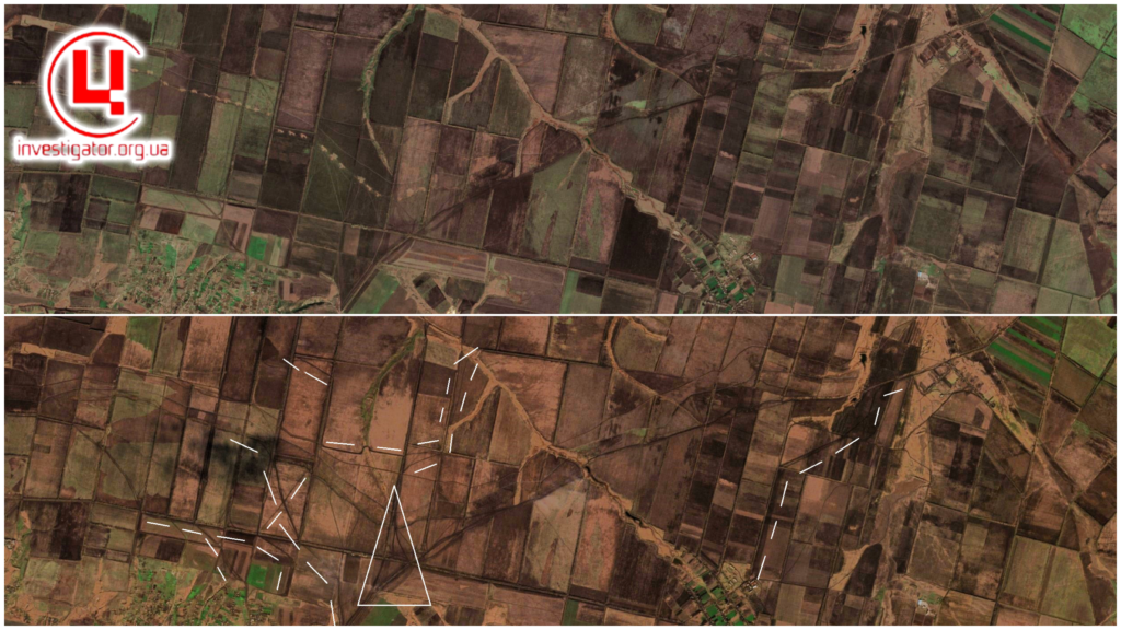 Порівняння супутникових знімків від 7.11.2023 р.(зверху) та 01.01.2024 р. території між с.Воскресенка та с.Балочки на ТОТ Запоріжжя.